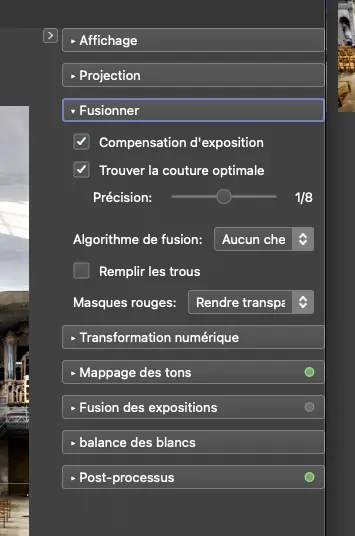 Menu de réglages de fusion dans un logiciel photo.