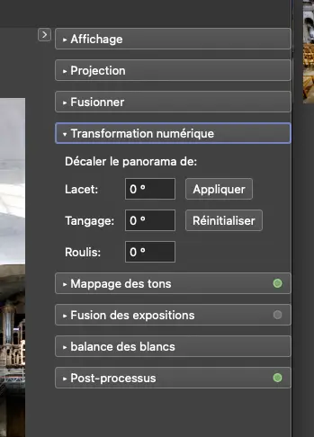 Menu de transformation numérique d'un logiciel de retouche photo.