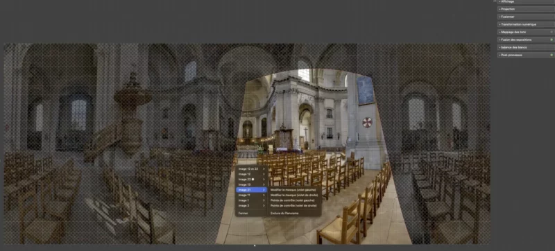 Interface logicielle de création de panorama d'un intérieur d'église.