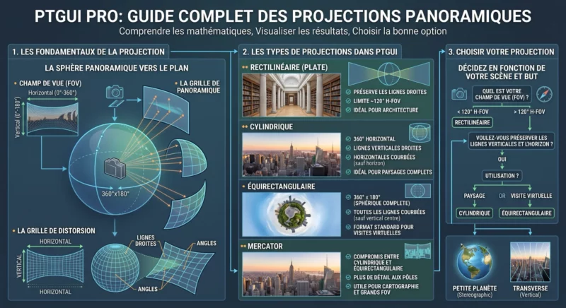 Infographie pédagogique sur les projections panoramiques dans PTGui Pro.