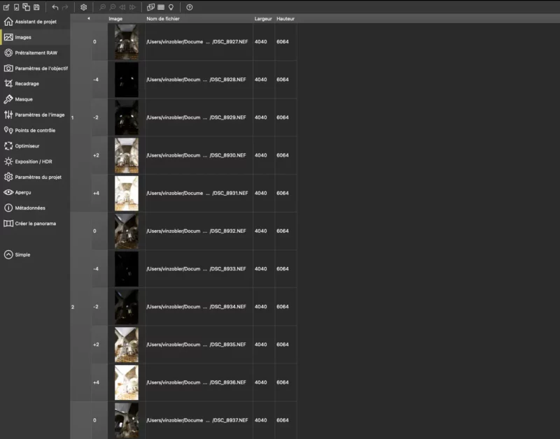 Capture d'écran d'un logiciel de montage panoramique avec liste d'images.