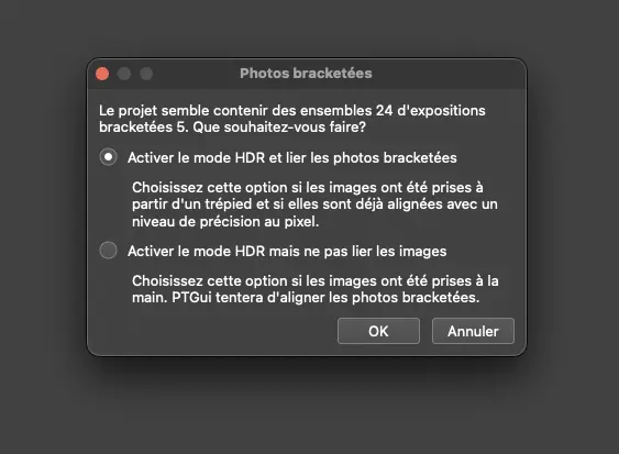 Fenêtre de dialogue PTGui concernant la gestion des photos bracketées.