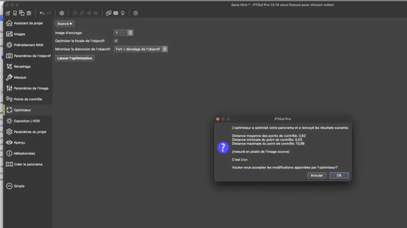 Fenêtre d'optimisation du logiciel PTGui Pro avec résultats affichés.