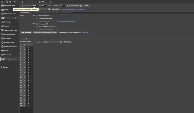 Interface logicielle de création de panorama photo.